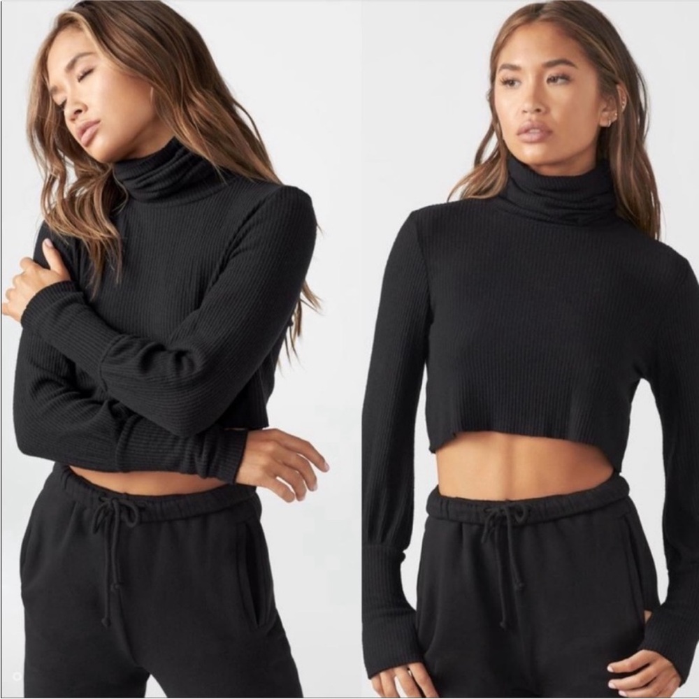 Joah Brown Black Ribbed Cropped Turtleneck Sweater